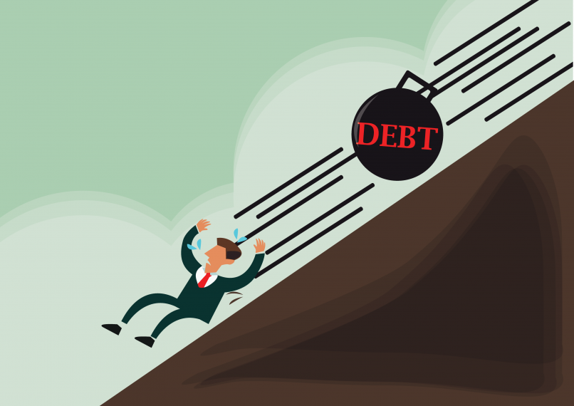 man sliding down a cliff being chased by a ball of debt overhang